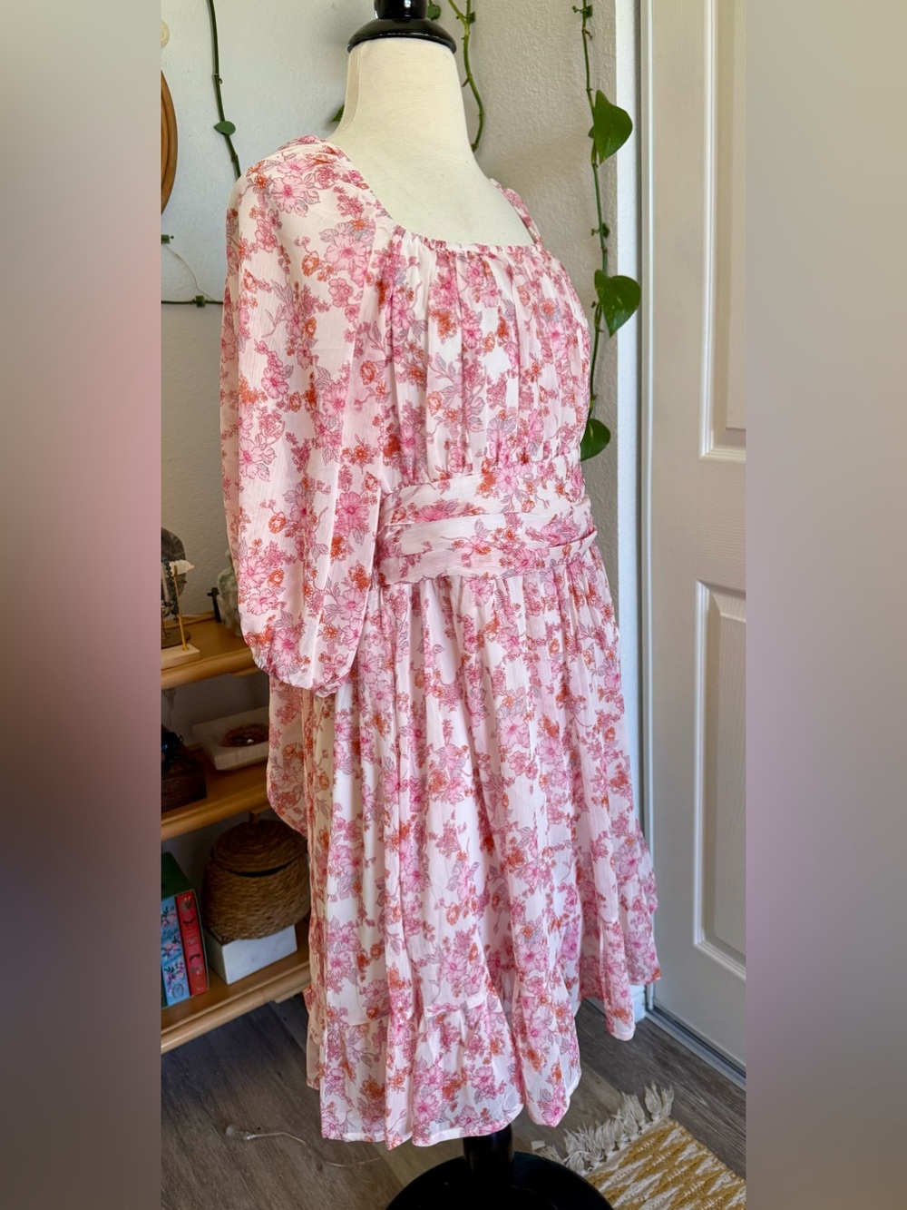 💕Floral Pink And White Square-Neck Midi Dress Feminine Romantic 💕